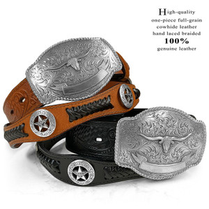 Western Longhorn Buckle Star Conchos Embossed Full Grain Leather Belt 1-1/2" (38mm) Wide